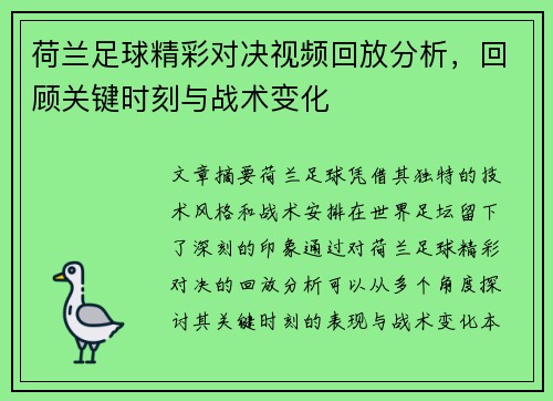 荷兰足球精彩对决视频回放分析，回顾关键时刻与战术变化